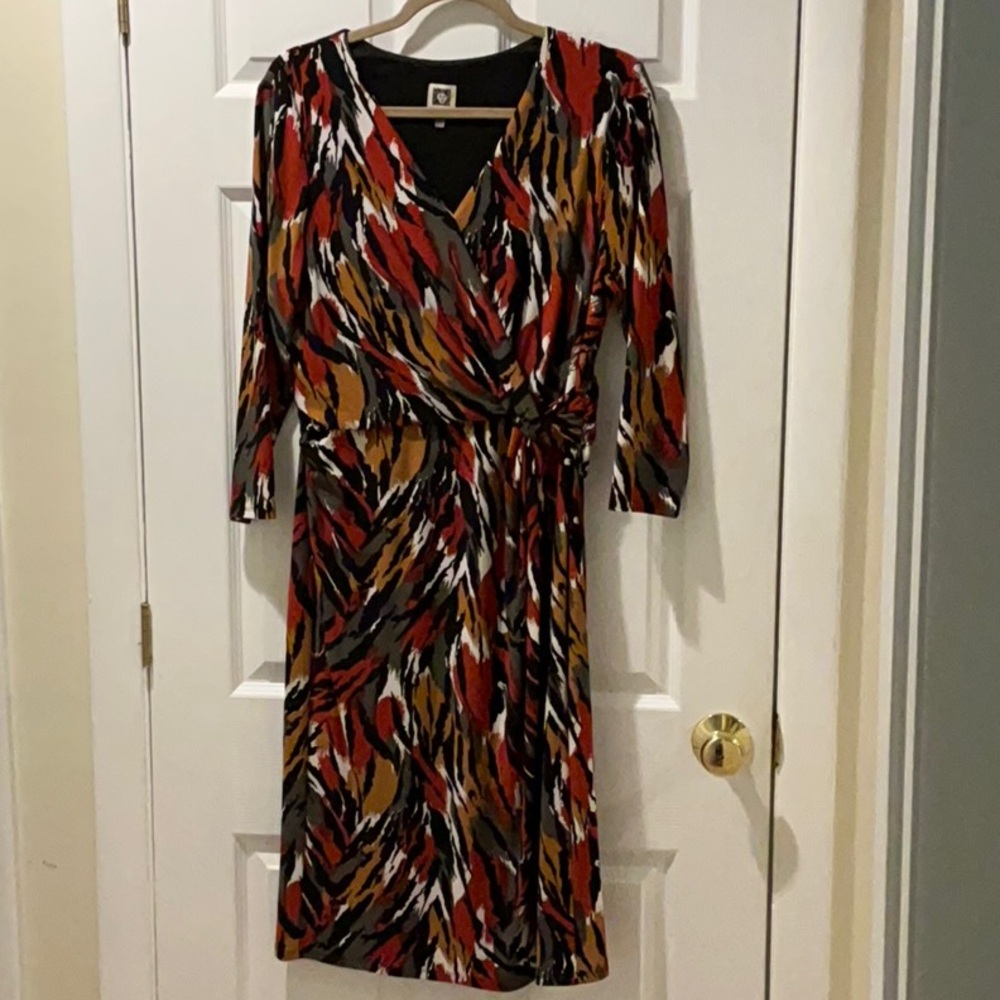 Anne Klein Rust,Olive Green and Black Sheath Dress V-Neck 3/4 Sleeve  Sz 12